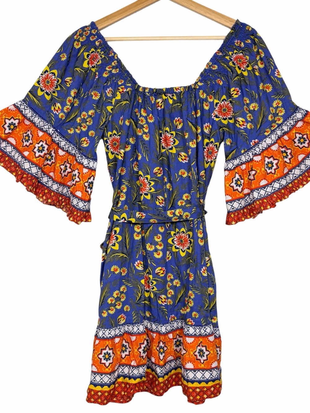 Joie Chloris Baja Blue Cotton Floral Mini Dress L Off Shoulder Boho - Picture 3 of 12